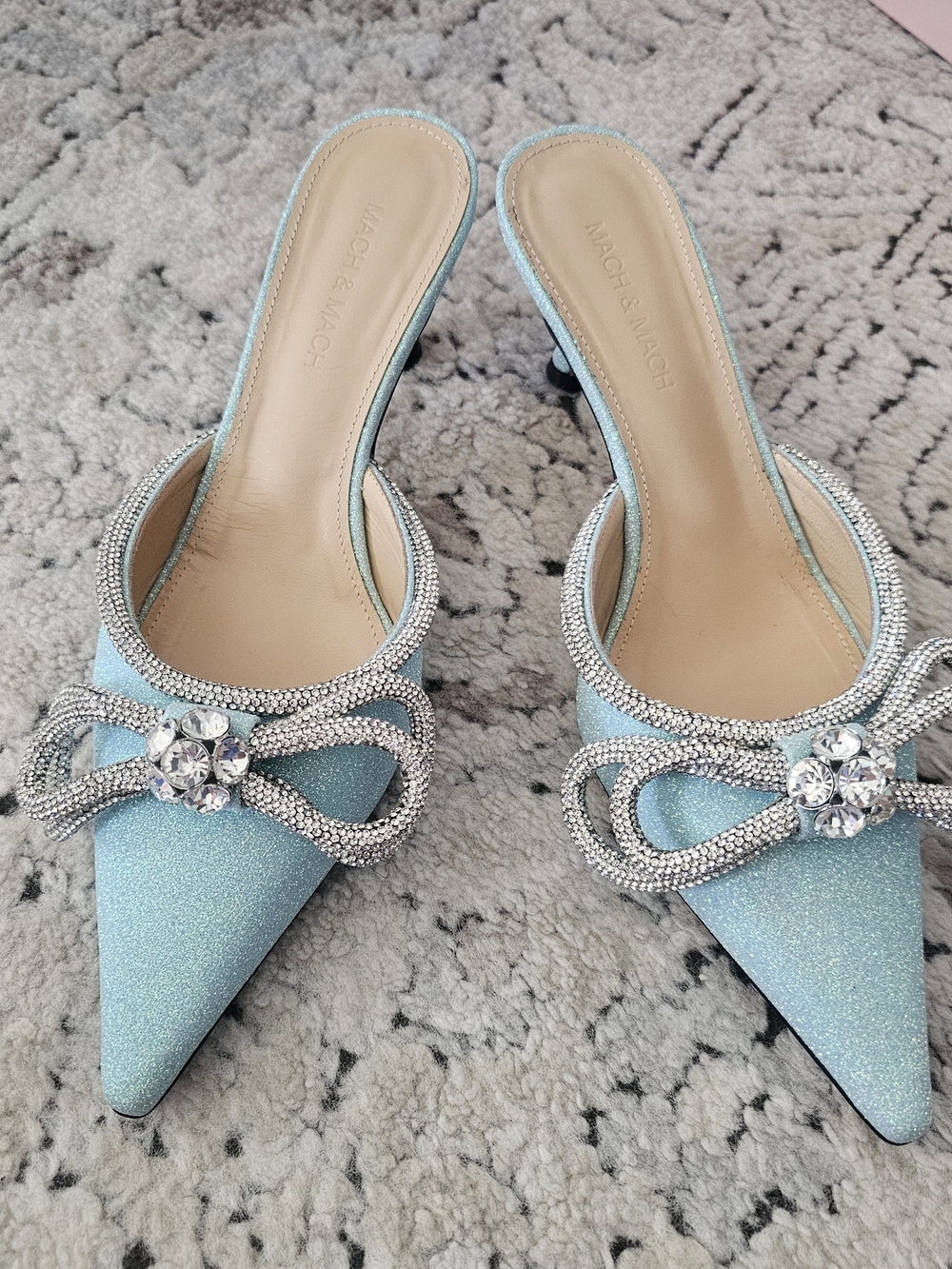 MACH & MACH 65mm Glitter Double Bow Mule Baby Blue Size 38